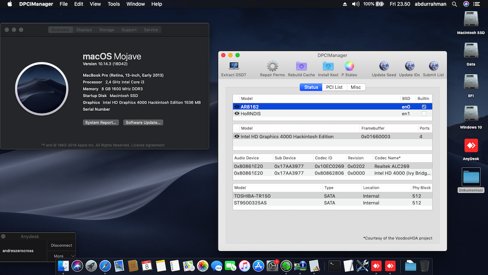 Success Hackintosh macOS Mojave 10.14.3 Build 18D42 at Lenovo G480 Model 2156